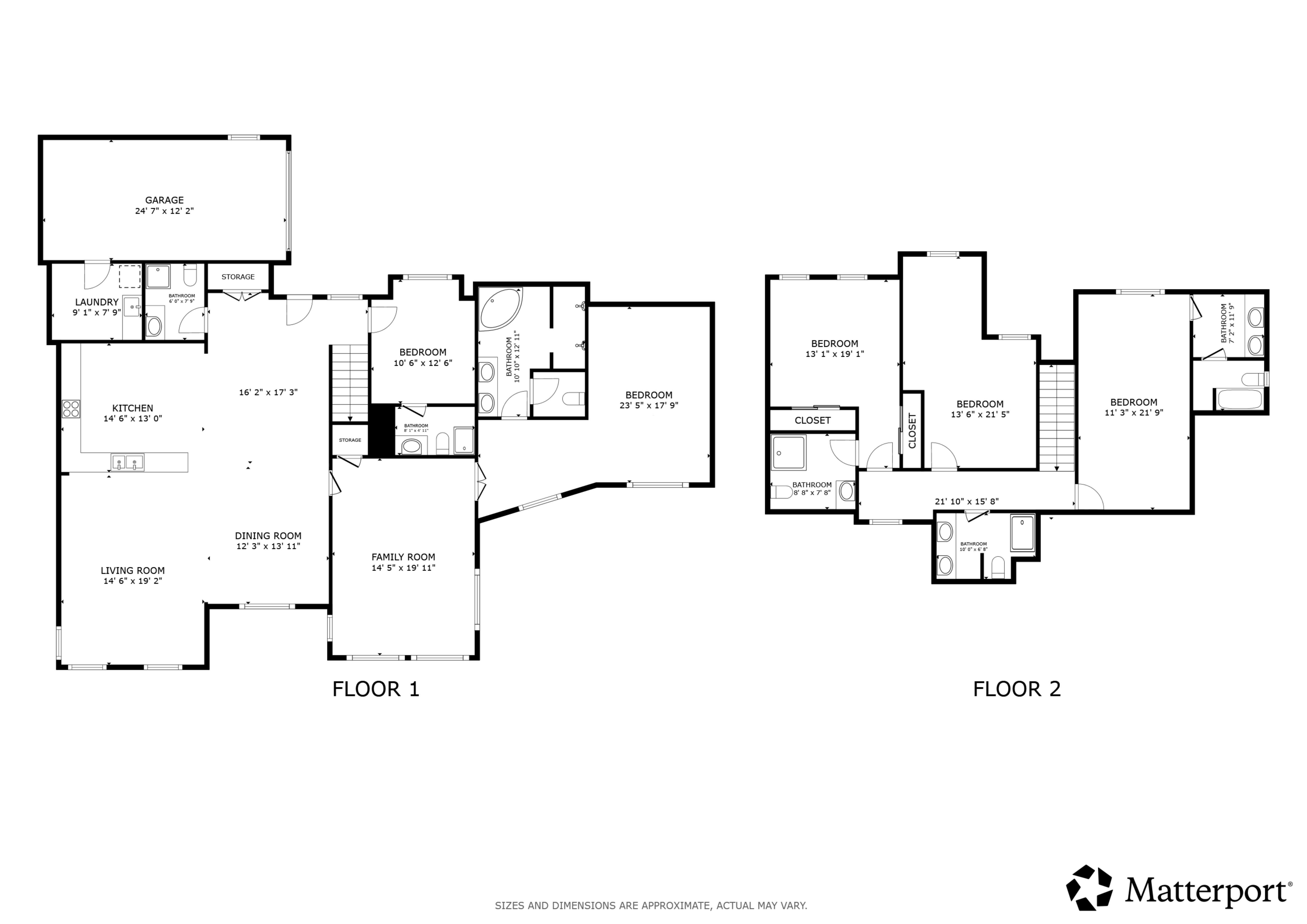 Floor 1 and Floor 2 layouts for 4444 Streamside Circle B, including room labels and dimensions